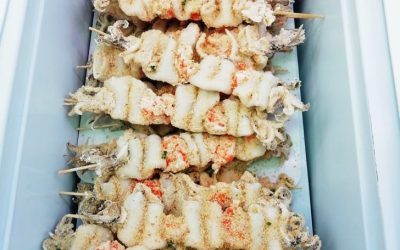 Spiedini panati di calamaro e gambero sgusciato